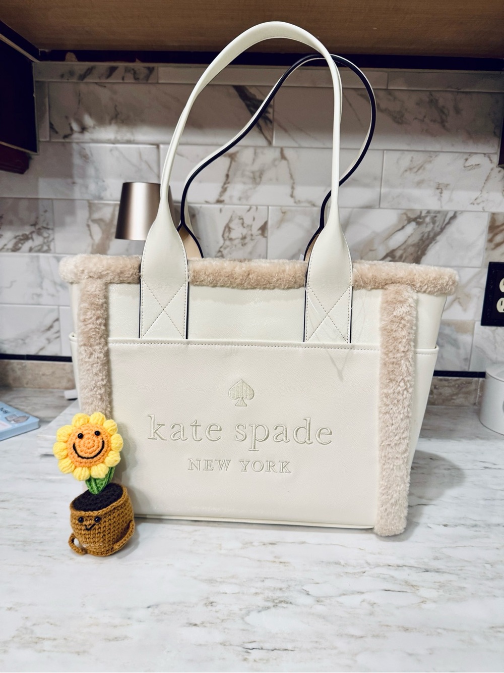 Kate Spade Cream Shearling-Trim Embossed Logo Tote